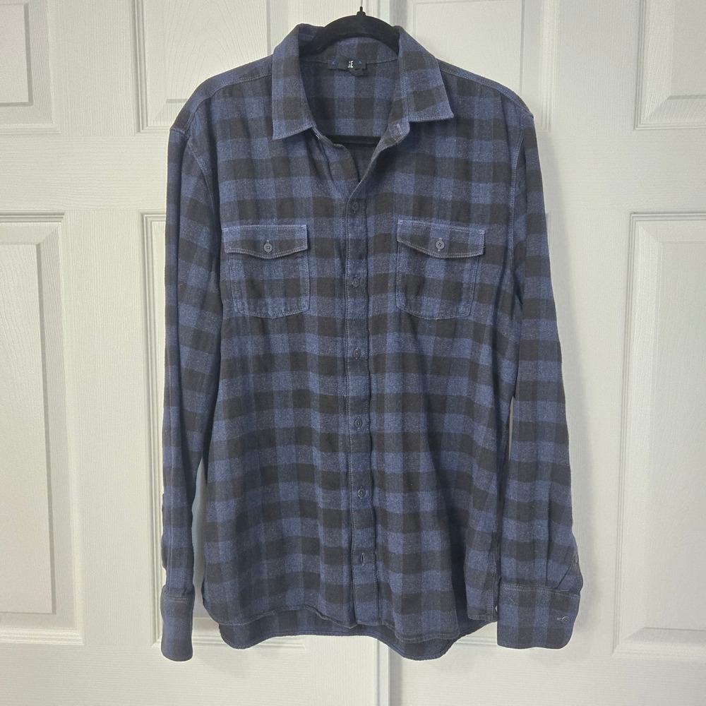 Paige L Womens Navy Blue Black Buffalo Check Flannel Button Down Shirt Large